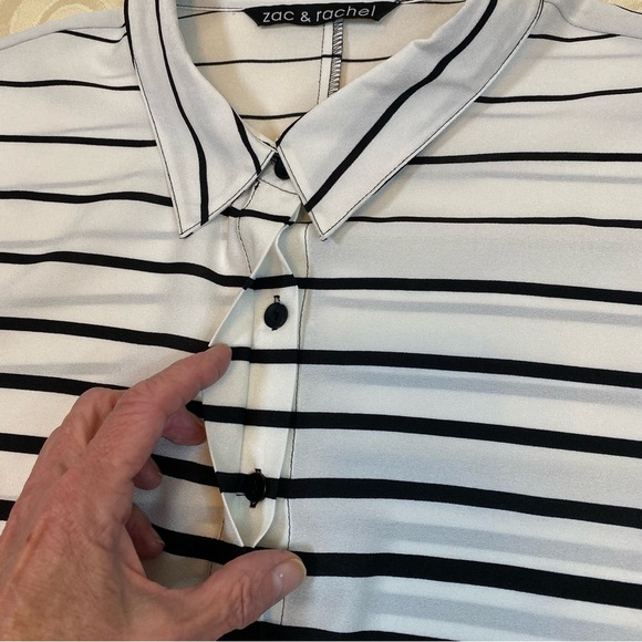 Zac & Rachel 1X Black/White Striped Covered Button Blouse Roll Tab sleev… - Picture 11 of 12